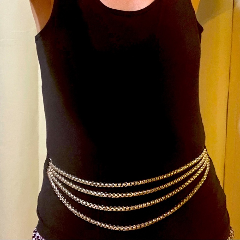 Women’s Black Y2K Stretch Belt with Silver Multilayer Chain. One Size